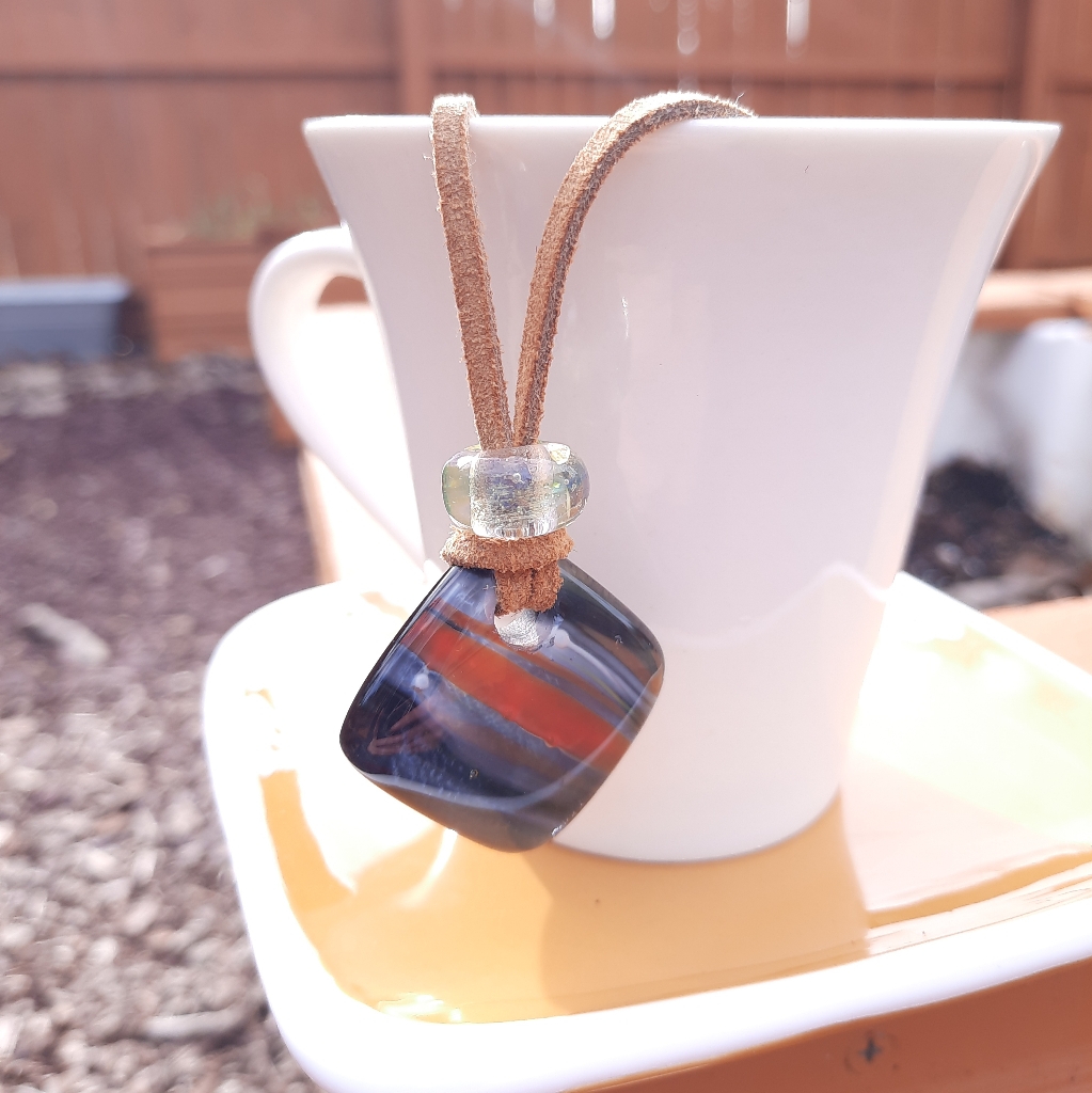Orange, Blue, & Gray Square Glass Leather Necklace